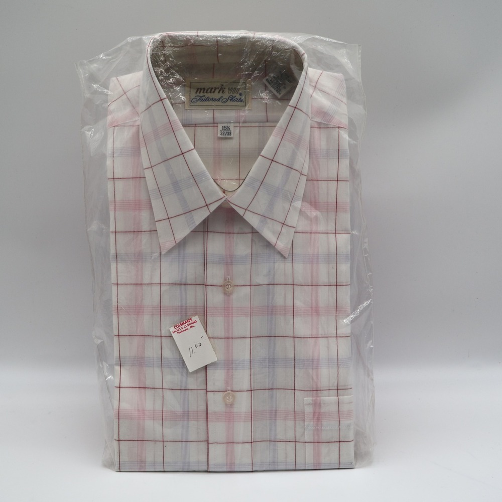 Mark VII Dress Shirt Mens 15.5 32/33 Vintage 70s White Red Blue Plaid Deadstock